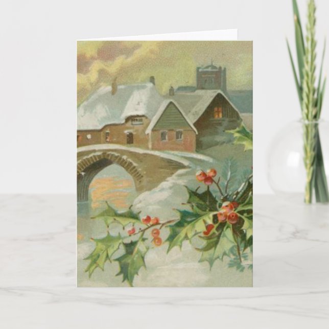 Tarjeta Festiva Vintage Christmas Town con Holly (Anverso)