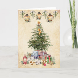 Tarjeta Festiva Vintage Christmas Traditions Tree and Gifts