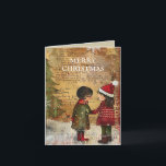 Tarjeta Festiva Vintage Christmas Tree Children Winter Snow<br><div class="desc">Tarjeta de felicitación de Navidad vintage doblada con la pintura de dos niños parados en la nieve frente a un árbol de Navidad. El texto dice "Feliz Navidad" pero es personalizable para tu propio saludo. Personalizado en la parte posterior con su mensaje y nombre. Comuníquese conmigo para obtener ayuda con...</div>