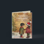 Tarjeta Festiva Vintage Christmas Tree Children Winter Snow<br><div class="desc">Tarjeta de felicitación de Navidad vintage doblada con la pintura de dos niños parados en la nieve frente a un árbol de Navidad. El texto dice "Feliz Navidad" pero es personalizable para tu propio saludo. Personalizado en la parte posterior con su mensaje y nombre. Comuníquese conmigo para obtener ayuda con...</div>