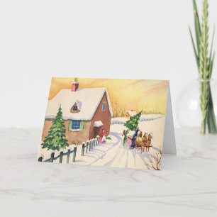Tarjeta Festiva Vintage Christmas Tree on a Snowley Winter Road