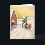 Tarjeta Festiva Vintage Christmas Tree on a Snowley Winter Road<br><div class="desc">Ilustracion Vintage Diseño navideño de Feliz Navidad con una carretera cubierta de nieve durante la temporada invernal. Una familia está trayendo a casa un pino recién cortado o un árbol navideño de abetos en un trineo tirado por un caballo.</div>