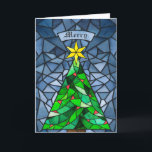 Tarjeta Festiva Vintage Christmas Tree Sained Glass<br><div class="desc">Estas hermosas tarjetas de felicitación de Navidades doblados de 5" x 7" presentan un diseño de vidrio manchado de color de agua hecho a mano con un árbol de Navidad con una estrella dorada con ornamentos rojos con un fondo en tonos azules. El saludo editable es "Merry". La parte de...</div>