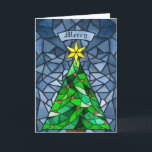 Tarjeta Festiva Vintage Christmas Tree Sained Glass<br><div class="desc">Estas hermosas tarjetas de felicitación de Navidades doblados de 5" x 7" presentan un diseño de vidrio manchado de color de agua hecho a mano con un árbol de Navidad con una estrella dorada con ornamentos rojos con un fondo en tonos azules. El saludo editable es "Merry". La parte de...</div>