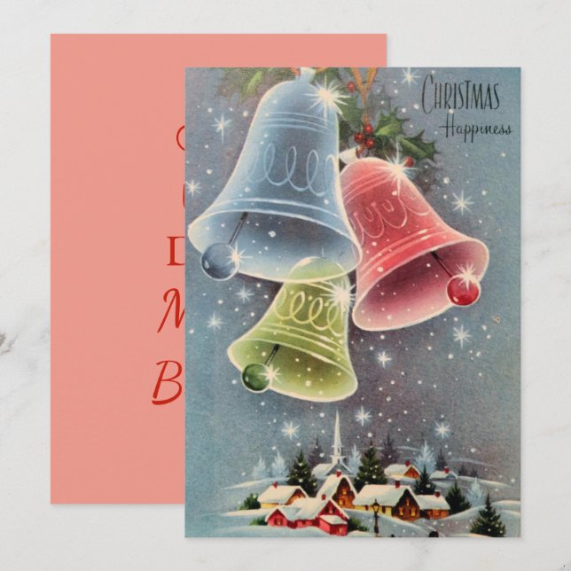 Tarjeta Festiva Vintage Christmas Village Bells Snowflakes (Anverso / Reverso)