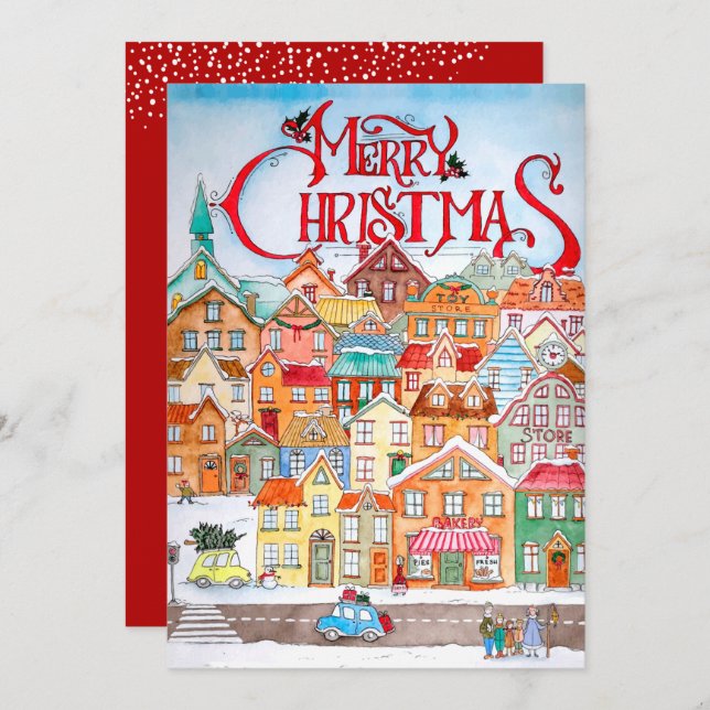 Tarjeta Festiva Vintage Christmas Village Flat (Anverso / Reverso)