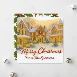 Tarjeta Festiva Vintage Christmas Village & Holly Photo