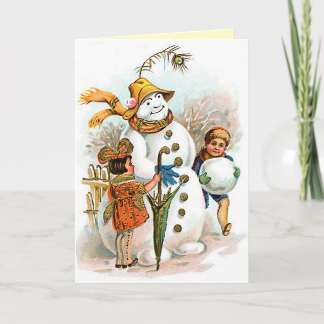 Tarjeta Festiva Vintage Christmas Village Snowman (Anverso)