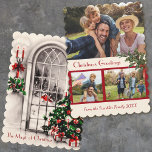 Tarjeta Festiva Vintage Christmas Window 2-side Flat Photocard<br><div class="desc">Navidades a la antigua usanza fotocaran con una escena de un árbol de Navidad,  velas y noche nevada en la parte trasera. Añade las fotos de su personalizado y el saludo de su personalizado al frente.</div>