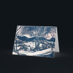 Tarjeta Festiva Vintage Christmas, Winter Snow Mountain Paisaje<br><div class="desc">Ilustracion de época Victorian Era Merry diseño navideño con un paisaje nevado de invierno. Árboles y montañas cubiertas de nieve con un pueblo a lo lejos al amanecer. ¡Felices fiestas y saludos de temporada!</div>
