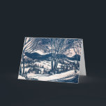 Tarjeta Festiva Vintage Christmas, Winter Snow Mountain Paisaje<br><div class="desc">Ilustracion de época Victorian Era Merry diseño navideño con un paisaje nevado de invierno. Árboles y montañas cubiertas de nieve con un pueblo a lo lejos al amanecer. ¡Felices fiestas y saludos de temporada!</div>