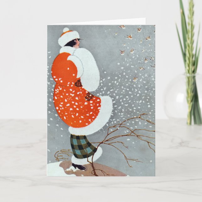 Tarjeta Festiva Vintage Christmas Woman In Snow (Anverso)