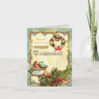 Tarjeta Festiva Vintage Christmas Wreath, holly and birds Card