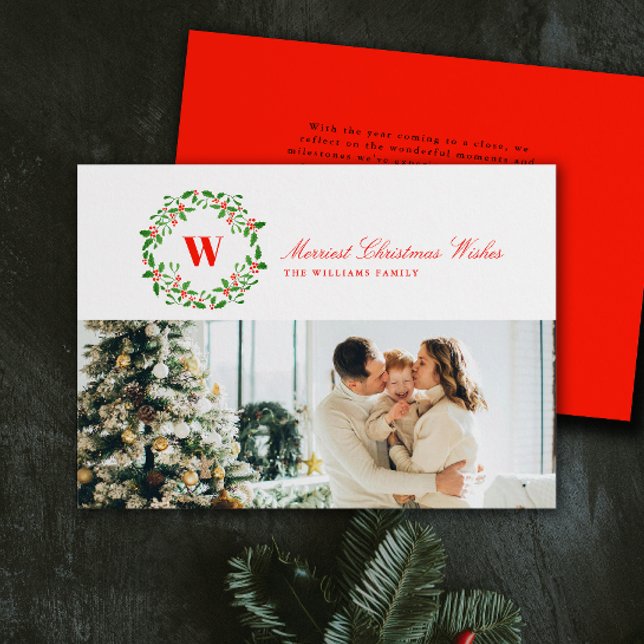 Tarjeta Festiva Vintage Christmas Wreath Monograma (red, green, and white classically elegant monogrammed holly wreath Christmas holiday one photo card)
