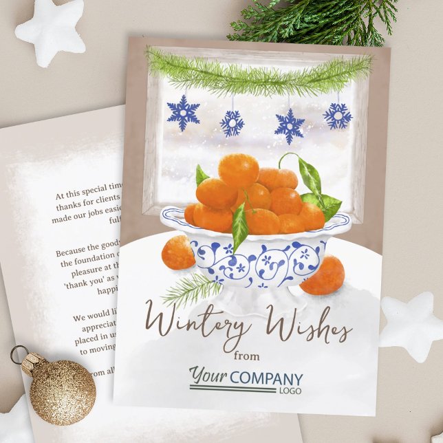 Tarjeta Festiva Vintage Citrus Navidades Naranjas Empresa Holiday (Christmas oranges, winter orange and blue company holiday cards, business logo greeting cards)