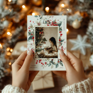 Tarjeta Festiva Vintage Clásica Holiday Floral One Photo Card