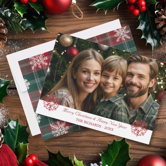 Tarjeta Festiva Vintage Classic Red & Green Navidades (Vintage Classic Red & Green Christmas plaid Holiday Card)