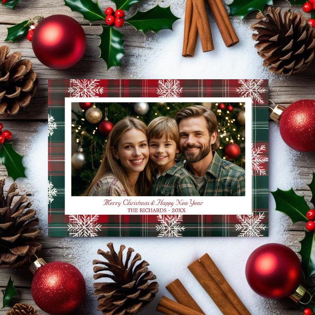 Tarjeta Festiva Vintage Classic Red & Green Navidades foto (Vintage Classic Red & Green Christmas photo Holiday Card)