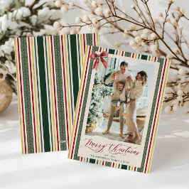 Tarjeta Festiva Vintage Classic Stripes Bow Merry Christmas Photo