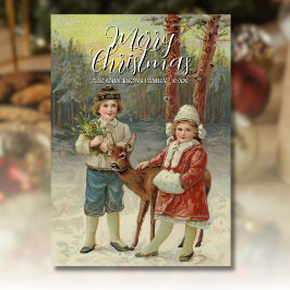 Tarjeta Festiva Vintage Classic Winter Children with Deer Artwork