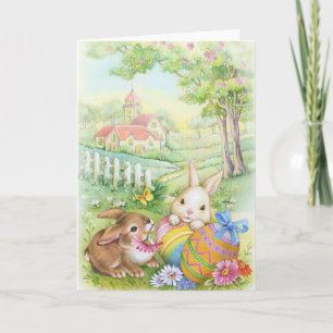 Tarjeta Festiva Vintage, conejitos de pascua nostálgicos