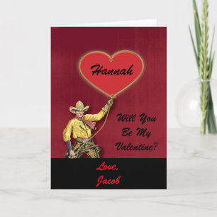 Tarjeta Festiva Vintage Cowboy Rojo Corazón Romántico