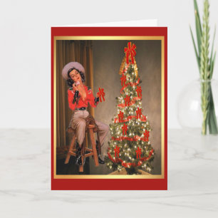 Tarjeta Festiva Vintage Cowgirl Sobre La silla con el árbol de Nav