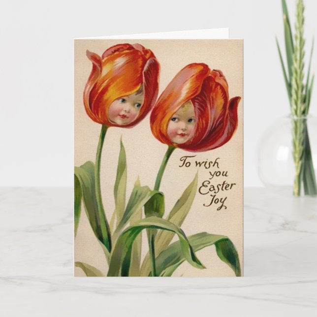 Tarjeta Festiva Vintage Creepage Flower Faces Easter Card (Anverso)