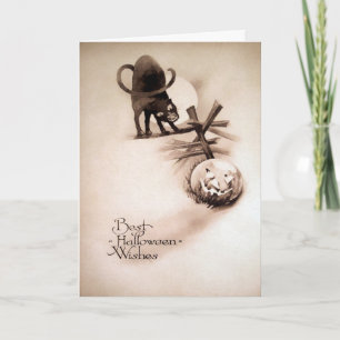 Tarjeta Festiva Vintage Creepy Cat Halloween Card