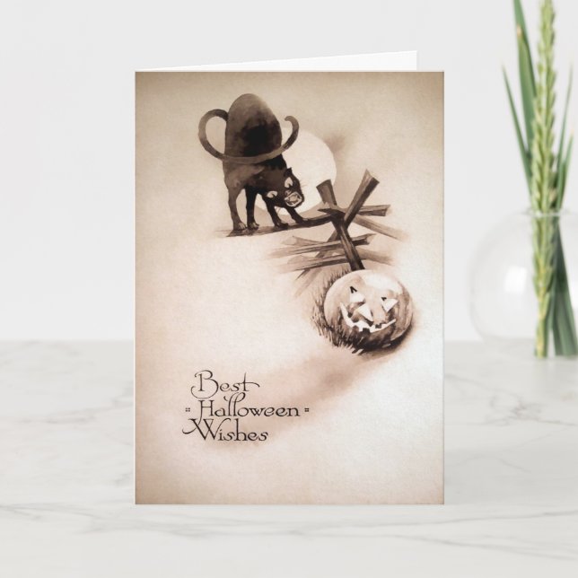 Tarjeta Festiva Vintage Creepy Cat Halloween Card (Anverso)