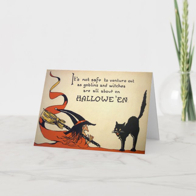 Tarjeta Festiva Vintage Creepy Witch Halloween Card (Anverso)