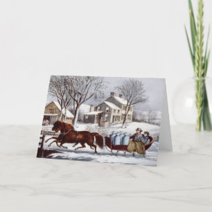Tarjeta Festiva Vintage Currier & Ives Winter Sleigh Holiday Card