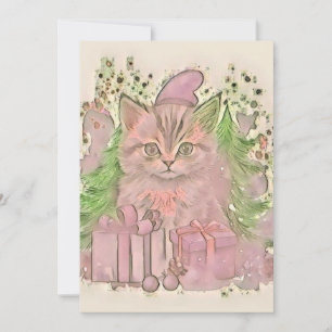 Tarjeta Festiva Vintage Cute Navidades Cat Watercolor