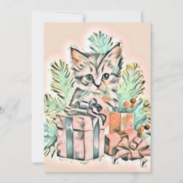 Tarjeta Festiva Vintage Cute Navidades Cat Watercolor