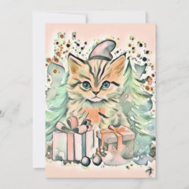 Tarjeta Festiva Vintage Cute Navidades Cat Watercolor