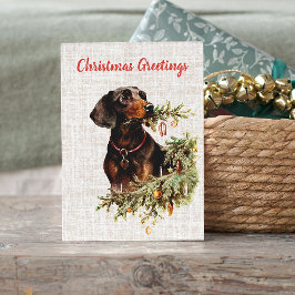 Tarjeta Festiva Vintage Dachshund Perro Rústico Saludos navideños