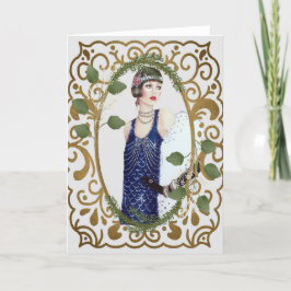Tarjeta Festiva Vintage de vestimenta azul de la década de 1920 Fl