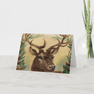 Tarjeta Festiva Vintage Deer Buck Stag Nature Navidades Rústicos