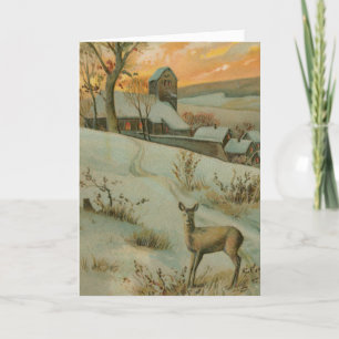 Tarjeta Festiva Vintage Deer Hill Snowy Country Village Navidades