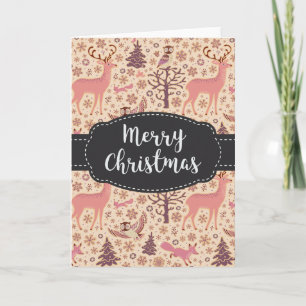 Tarjeta Festiva Vintage Deer Owl Fox Woods Merry Christmas Card