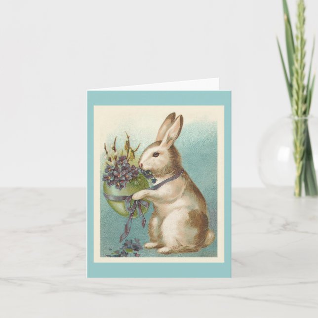 Tarjeta Festiva Vintage Easter Bunny Con Huevo Verde (Anverso)