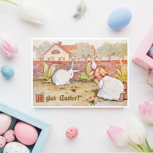 Tarjeta Festiva Vintage Easter Chica y Easter Bunny