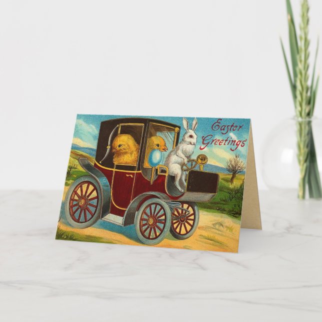 Tarjeta Festiva Vintage Easter Chicks Car Rige (Anverso)