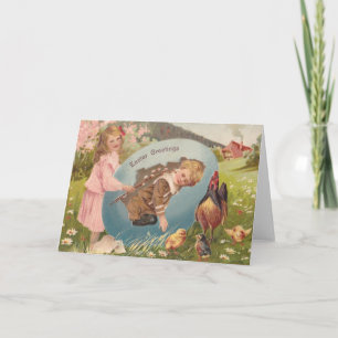 Tarjeta Festiva Vintage Easter Victorian Chica & Boy
