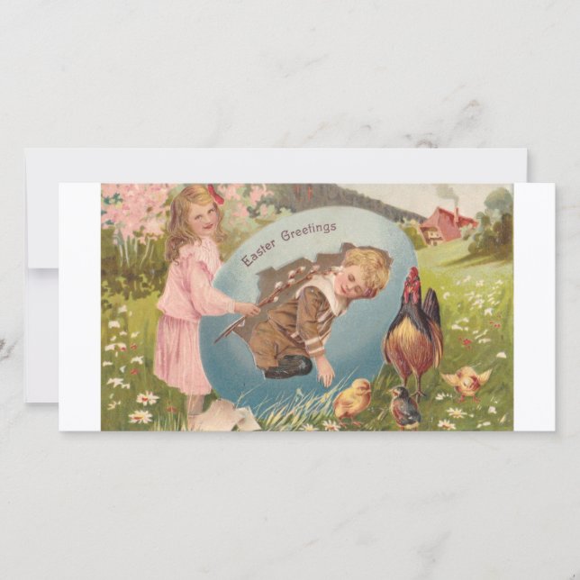 Tarjeta Festiva Vintage Easter Victorian Chica & Boy (Anverso)