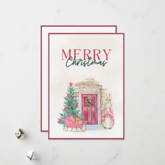 Tarjeta Festiva Vintage Farmhouse Pink Script Merry Christmas