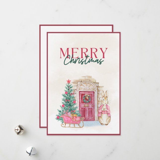 Tarjeta Festiva Vintage Farmhouse Pink Script Merry Christmas (Anverso/Reverso In Situ)
