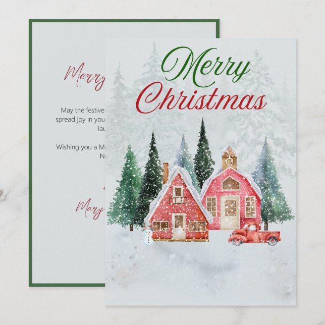 Tarjeta Festiva Vintage Farmhouse Pink Truck Village Script (Anverso / Reverso)