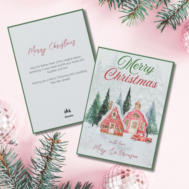 Tarjeta Festiva Vintage Farmhouse Pink Truck Village Script (Pink Winter Village Christmas Card)
