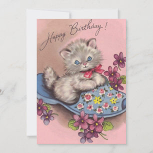 Tarjeta Festiva Vintage Feliz cumpleaños Gato Kitty En Un Deslizad